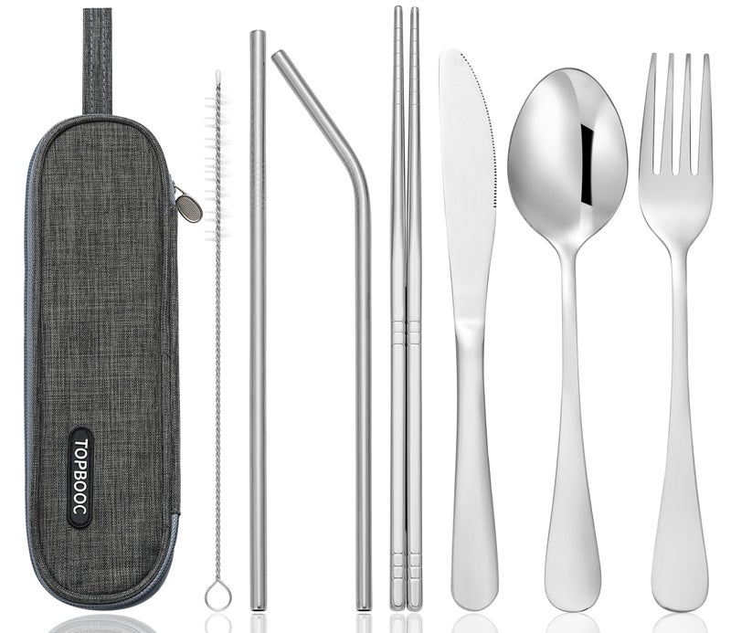 Topbooc Travel Stainless Steel Utensils Set with Case â€“ 8-Piece Reusable Flatware Kit Includes Fork, Knife, Spoon, Chopsticks, Straws, Brush & Bag â€“ Portable Cutlery for Camping, Work, Picnic (Silver) - Image 1